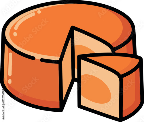 A delicious round orange cheese with a slice cut out.