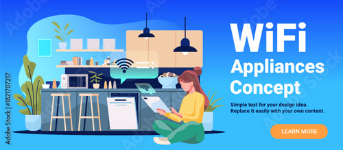 WiFi appliances concept smart kitchen woman controls devices tablet modern home interior plants shelves blue background web banner