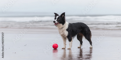 A playful Border Collie standing on a sandy beach, releasing a red rubber ball
