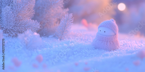 Cute little snowman with a pink hat is sitting in the snow.
