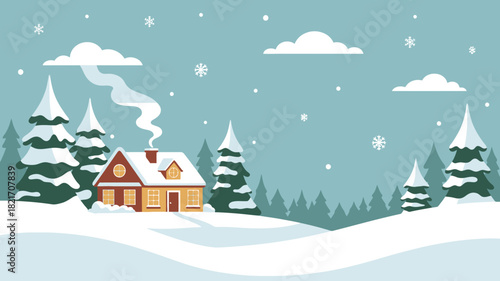 Idyllic winter landscape illustration featuring a charming cottage in a snowy forest during a peaceful snowfall