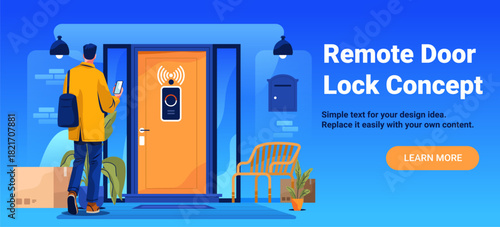 Remote door lock concept smart home technology man using mobile app to unlock modern front door package plants outdoor bench blue background