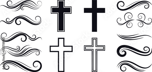 Christian crosses and decorative swirls in black and white vector