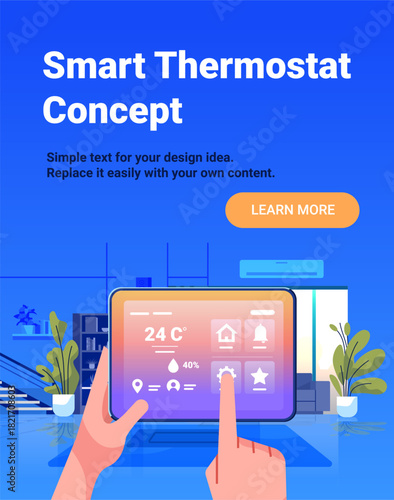 Smart thermostat concept home automation tablet control digital interface hand adjusting temperature modern living room plants blue gradient background