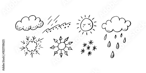 Hand drawn doodle icons sun clouds rain thunder lightning