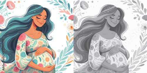 Vector set and shades of gray pregnant women on a white background