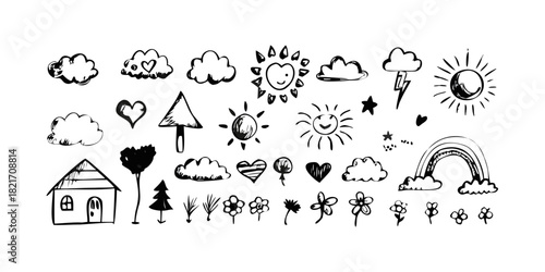 Hand Drawn Doodle Icons of Weather Nature and Home