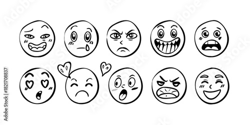 Hand Drawn Doodle Emoji Vector Set Expressive Faces