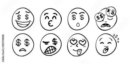 Hand drawn doodle emoji set expressive faces expression