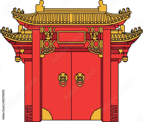 Traditional Chinese Gate with Ornate Details and Red Doors.