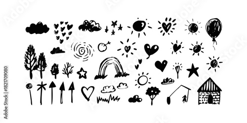 Hand Drawn Doodle Elements White on Transparent Background