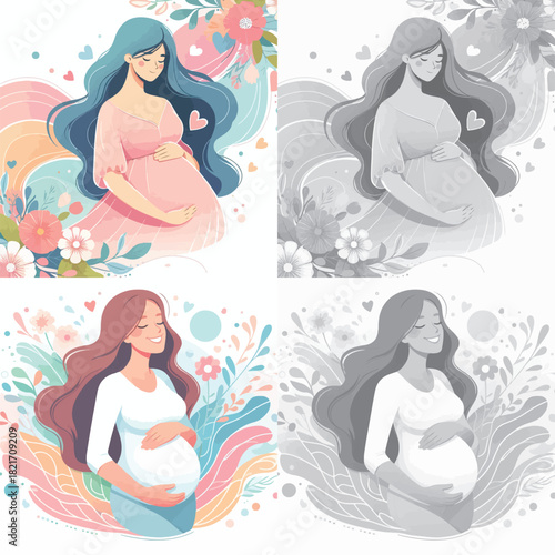 Vector set and shades of gray pregnant women on a white background