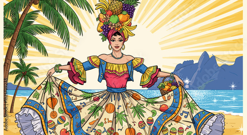 Woman in colorful dress with fruit headdress on a tropical beach scene art