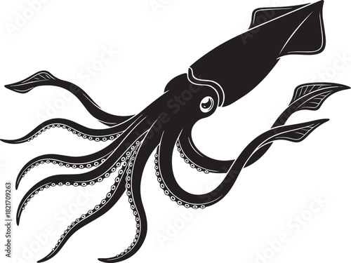 Elegant Squid Silhouette Graphic Illustration Black and White Sea Creature Design Marine Life Vector Art Underwater World Image Cephalopod Mollusk