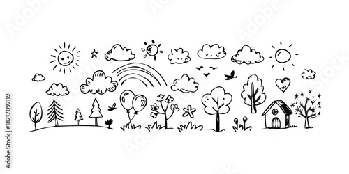 Hand Drawn Doodle Elements Heart Tree Plus Sign illustration