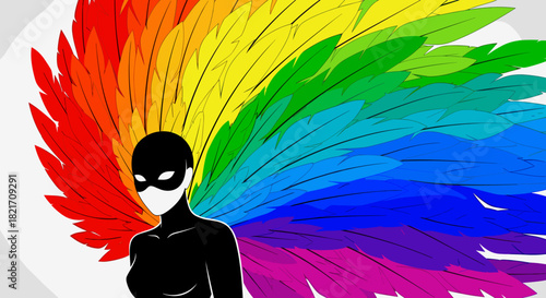 Silhouette figure with rainbow colored feather wings emanating from shoulders