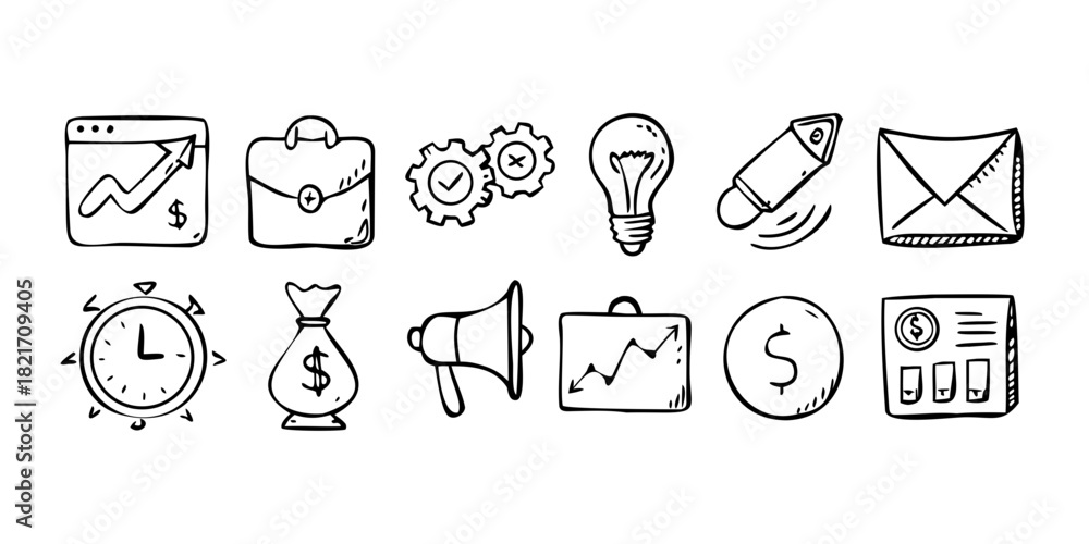 Naklejka premium Hand drawn doodle business icons on white background