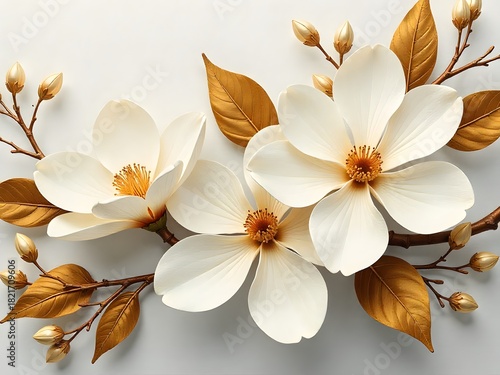Beautiful two magnolia flowers gold accents art high resolution image