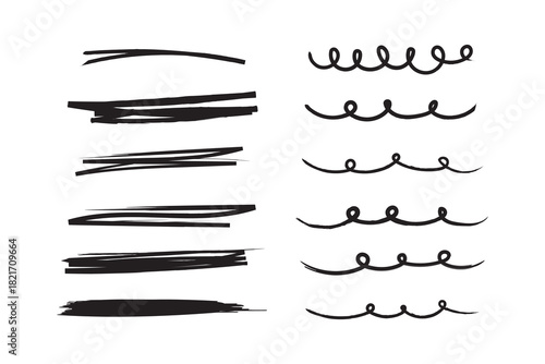 Chalk lines, charcoal highlight strokes doodle set. Pencil underlines, kids crayon strips, brush line in sketch style. Grunge texture. Hand drawn vector illustration isolated on white background