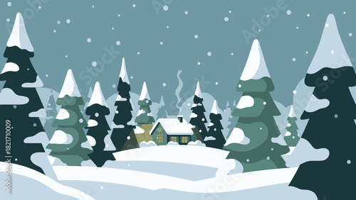 Serene winter scene illustration showcasing a charming cabin with warm lights amidst snow-covered evergreen trees, enveloped by a peaceful snowfall