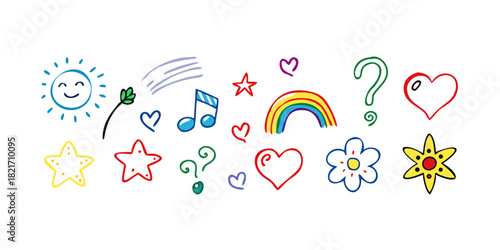 Hand drawn colorful icons on white background smiling sun