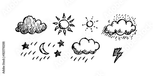 Hand Drawn Cloud and Raindrop Weather Icons vector
