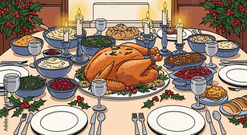 Festive holiday dinner table setting with turkey and various side dishes laid out