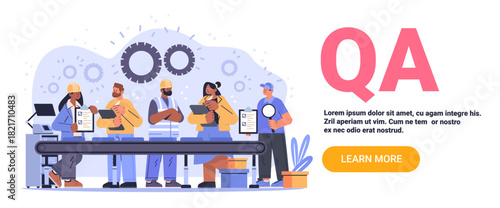 QA quality assurance team factory inspection workers assembly line checklist gears technology background modern workplace process control automation