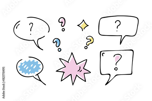 Hand drawn chat bubbles and question marks with transparent background