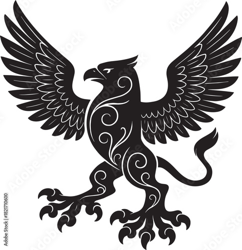Majestic Griffin Silhouette with Decorative Swirls and Powerful Wing Span Graphic Illustration Symbol