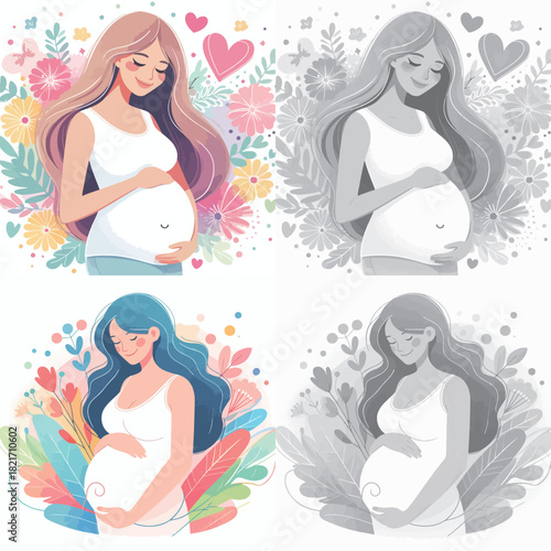 Vector set and shades of gray pregnant women on a white background