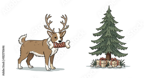 Cartoon dog wearing antlers holding a bone next to a christmas tree and gifts
