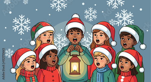 A group of carolers singing with a lantern under falling snowflakes design