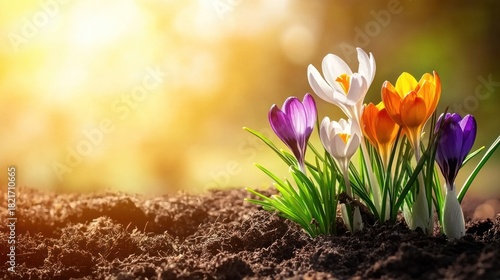A cluster of early spring flowers such as crocuses and snowdrops pushing through the soil, signaling the start of the season.