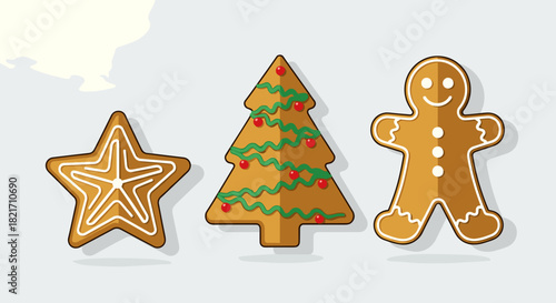 Illustration of gingerbread star tree and man cookies on a light surface