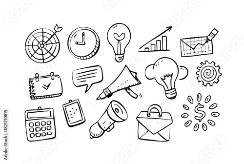 Hand drawn business doodles with grid and graph icons