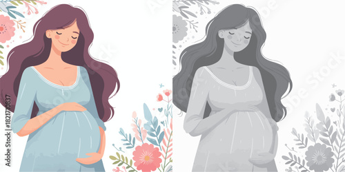 Vector set and shades of gray pregnant women on a white background