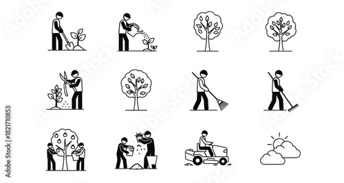 Gardening and Tree Care Black Glyph Icon Set - Featuring Planting, Watering, Pruning, Raking, Harvesting, Fertilizing, and Lawn Mowing Activities Vector Pictograms.