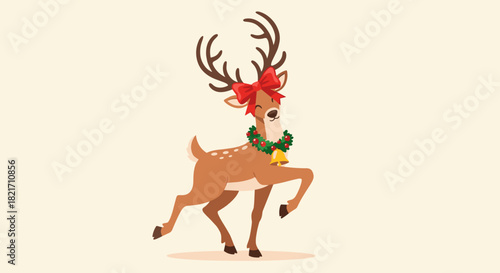 Cartoon reindeer with a red bow and wreath standing on a light surface