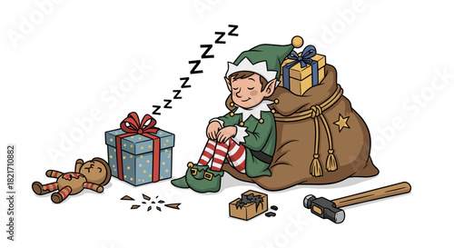 Sleeping elf with gifts and broken toy next to a hammer and gift sack