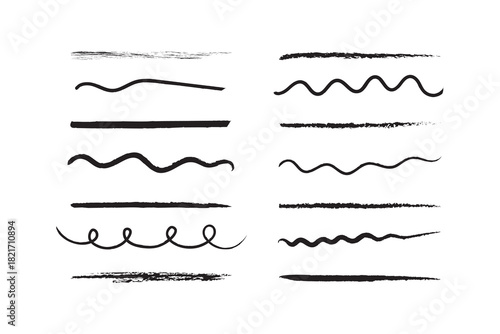 Strokes of black paint, brush, roller, spatula. Collection of brushes.  vector line set featuring doodle strokes, scribbles, zigzags, and abstract curves.