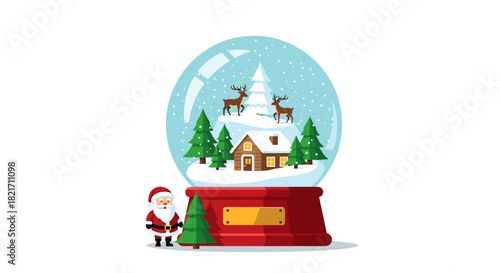 Illustration of a santa claus figure next to a christmas snow globe scene view