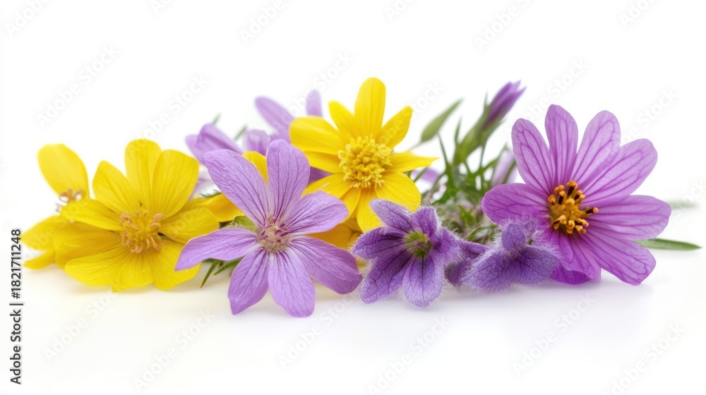 Obraz premium A collection of wild spring flowers, including purple and yellow blooms, gently arranged on a white surface.