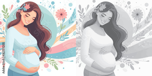 Vector set and shades of gray pregnant women on a white background