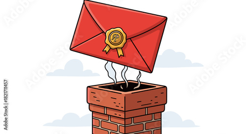Illustration of a red envelope floating above a brick chimney with smoke rising