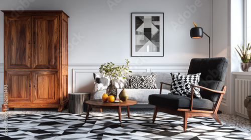 An inviting living room interior design with wooden furniture and decorative items. The room features a couch, armchair, and cabinet