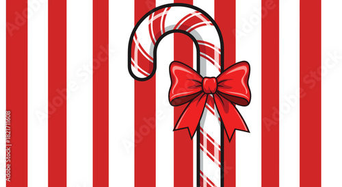 Illustration of a candy cane with a red bow against a striped background
