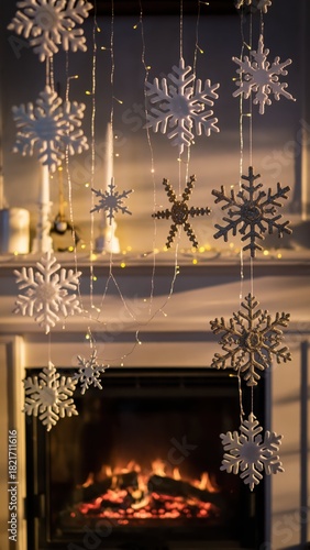 Cozy Winter Scene with Hanging Snowflakes and a Warm Fireplace Glow