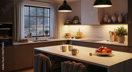 Cozy kitchen scene with steaming mugs and winter snowfall viewed through the window