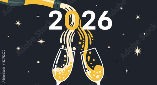 Champagne pouring into glasses with the year twenty twenty six and stars around